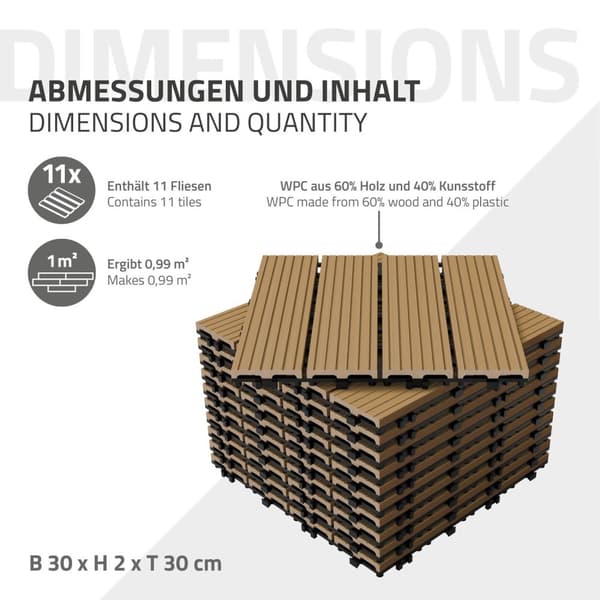 ECD Germany WPC-terassilaatat 30x30 cm 22 kappaletta säästötarvikkeet 2m²: n tiikkipuulle etsimään puutarhan parvekelattia viemäröinti- ja