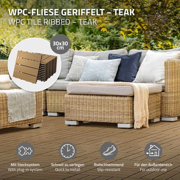 ECD Germany WPC-terassilaatat 30x30 cm 22 kappaletta säästötarvikkeet 2m²: n tiikkipuulle etsimään puutarhan parvekelattia viemäröinti- ja