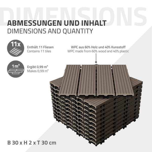 ECD Germany WPC terrassefliser 30x30 cm 55er besparelsessæt til 5m² mørkebrun i træ kig efter havebalkongulve med dræning, kliksystem terrassebord