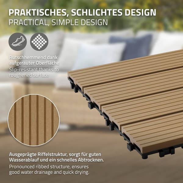 ECD Germany WPC terrassplattor 30x30 cm 11er besparingsuppsättning för 1m² teak i trä look för trädgårdsbalkongolv med dränerings- och klicksystem