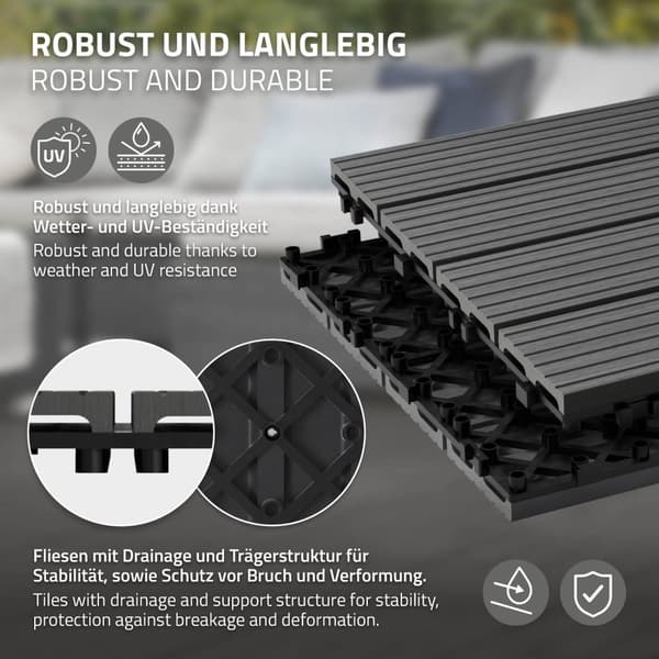 ECD Germany WPC terrassefliser 30x30 cm 11er besparelsessæt til 1m² antracit i træ kig efter havebalkongulve med dræning og kliksystem terrassebord