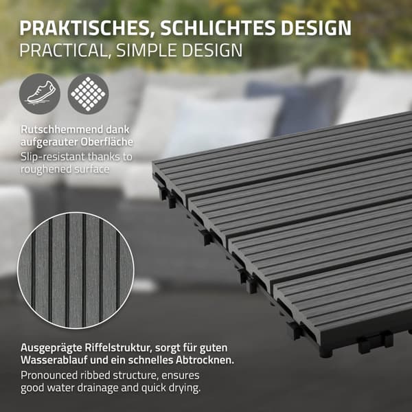 ECD Germany WPC terrassefliser 30x30 cm 11er besparelsessæt til 1m² antracit i træ kig efter havebalkongulve med dræning og kliksystem terrassebord