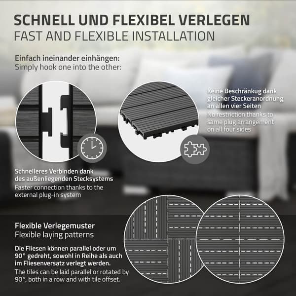ECD Germany WPC terrassefliser 30x30 cm 11er besparelsessæt til 1m² antracit i træ kig efter havebalkongulve med dræning og kliksystem terrassebord