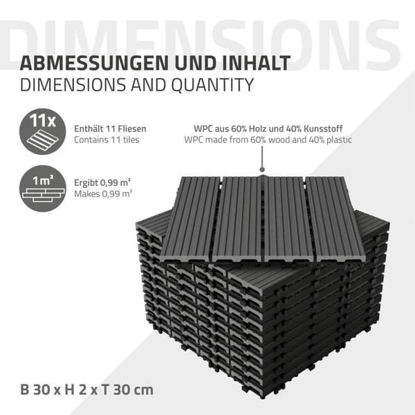 ECD Germany WPC terrassefliser 30x30 cm 11er besparelsessæt til 1m² antracit i træ kig efter havebalkongulve med dræning og kliksystem terrassebord
