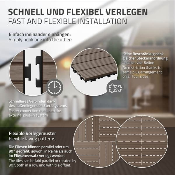 ECD Germany WPC-terassilaatat 60x30cm 11er säästöt asetettu 2m²: n tummanruskealle puulle etsimään puutarhan parvekelattia viemäröinnillä ja