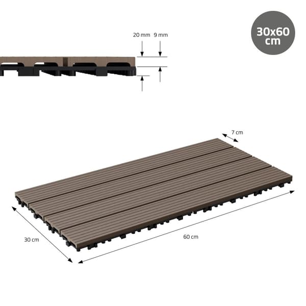 ECD Germany WPC-terassilaatat 60x30cm 11er säästöt asetettu 2m²: n tummanruskealle puulle etsimään puutarhan parvekelattia viemäröinnillä ja