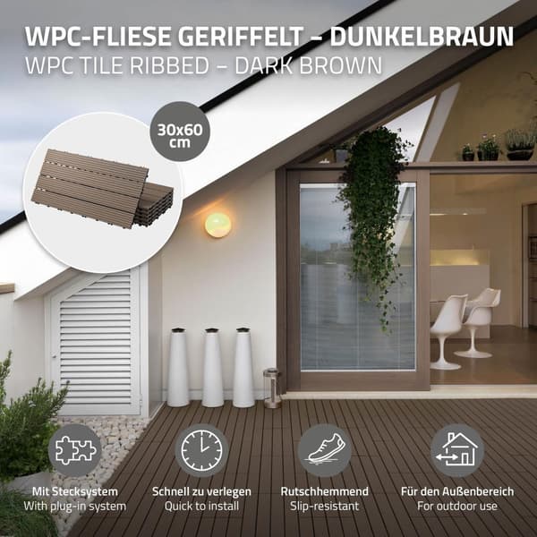 ECD Germany WPC-terassilaatat 60x30cm 11er säästöt asetettu 2m²: n tummanruskealle puulle etsimään puutarhan parvekelattia viemäröinnillä ja