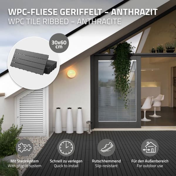ECD Germany WPC terrassefliser 60x30 cm 6-delt sæt til 1m² antracit i træ kig efter havebalkongulve med dræning og kliksystem terrassebord altanfliser