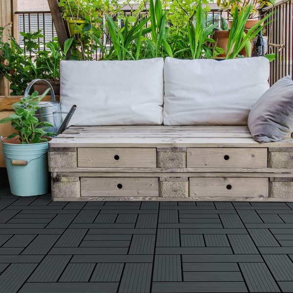 ECD Germany WPC terrassefliser 30x30cm 11er besparelsessæt til 1m² antracit mosaik træ look til havebalkongulve med dræning kliksystem terrassebord