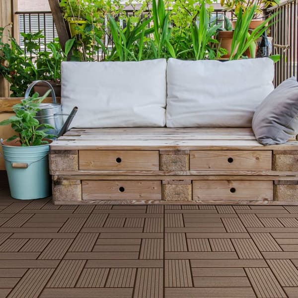 ECD Germany WPC terrassplattor 30x30cm 11er besparingssats för 1m² mörkbrun mosaikträ look för trädgårdsbalkongolv med dränering klicksystem