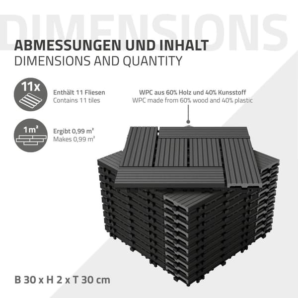 ECD Germany WPC terrassefliser 30x30cm besparelsessæt på 33 til 3m² antracit mosaik træ kig efter havebalkongulve med dræning kliksystem terrassebord