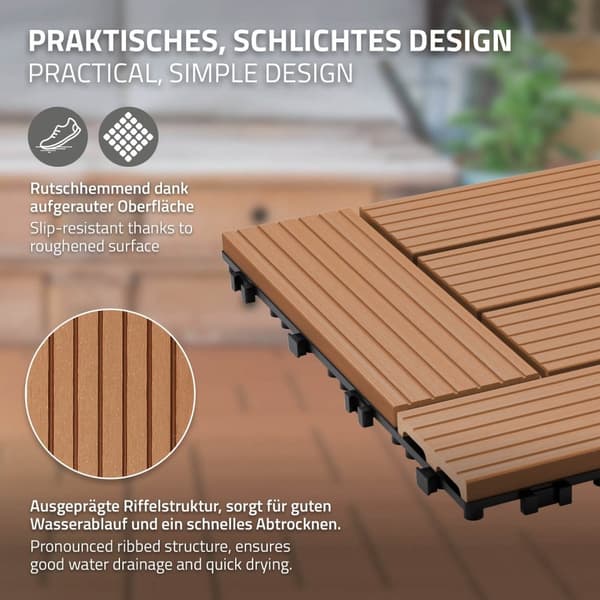 ECD Germany WPC-terassilaatat 30x30 cm 44-osainen 4m ²: n vaaleanruskea mosaiikkipuu etsii puutarhan parvekelattia viemäröinnillä