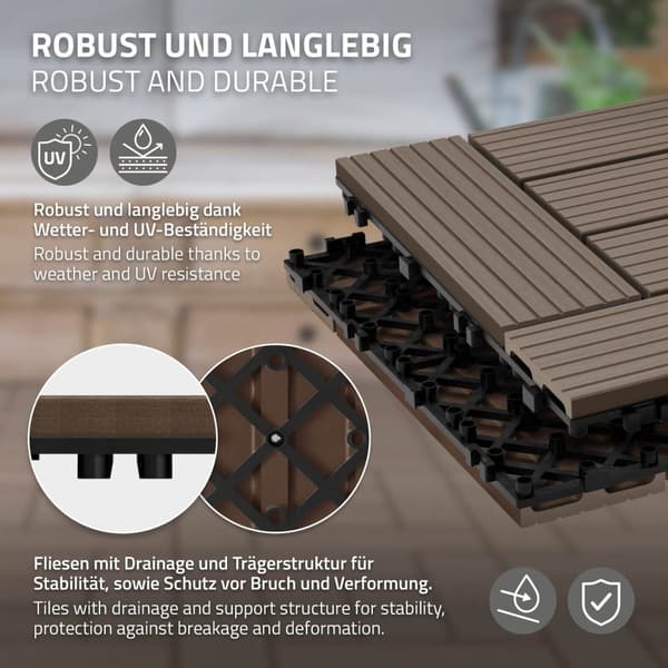 ECD Germany WPC terrassplattor 30x30cm 22-delars set för 2m ² mörkbrunt mosaikträ look för trädgårdsbalkongolv med dränering klicksystem terrassbrädor