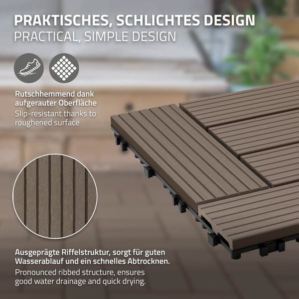 ECD Germany WPC terrassplattor 30x30cm 22-delars set för 2m ² mörkbrunt mosaikträ look för trädgårdsbalkongolv med dränering klicksystem terrassbrädor