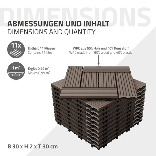ECD Germany WPC terrassplattor 30x30cm 22-delars set för 2m ² mörkbrunt mosaikträ look för trädgårdsbalkongolv med dränering klicksystem terrassbrädor