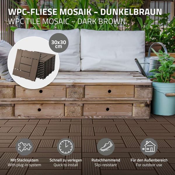ECD Germany WPC terrassplattor 30x30cm 22-delars set för 2m ² mörkbrunt mosaikträ look för trädgårdsbalkongolv med dränering klicksystem terrassbrädor