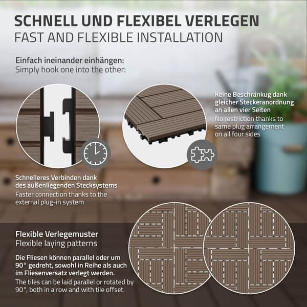 ECD Germany WPC terrassplattor 30x30cm 55er besparingssats för 5m² mörkbrun mosaikträ look för trädgårdsbalkongolv med dränering klicksystem
