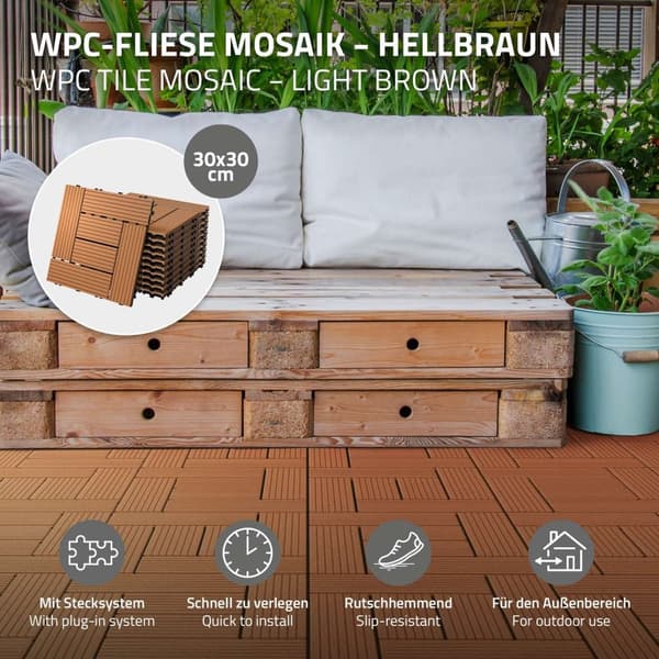 ECD Germany WPC-terassilaatat 30x30 cm 55er säästösetti 5m²: n vaaleanruskealle mosaiikkipuulle etsimään puutarhan parvekelattia viemäröinti