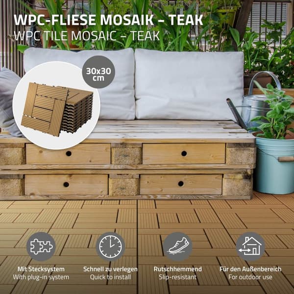 ECD Germany WPC terrassefliser 30 x 30 cm 44er økonomisæt til 4m² teakmosaik træ look til havebalkongulve med dræning kliksystem terrassebord