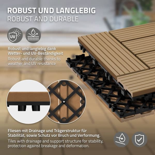 ECD Germany WPC terrassefliser 30 x 30 cm 55er besparelsessæt til 5m² teakmosaik træ look til havebalkongulve med dræning kliksystem terrassebord