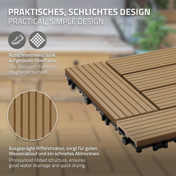 ECD Germany WPC terrassefliser 30 x 30 cm 55er besparelsessæt til 5m² teakmosaik træ look til havebalkongulve med dræning kliksystem terrassebord