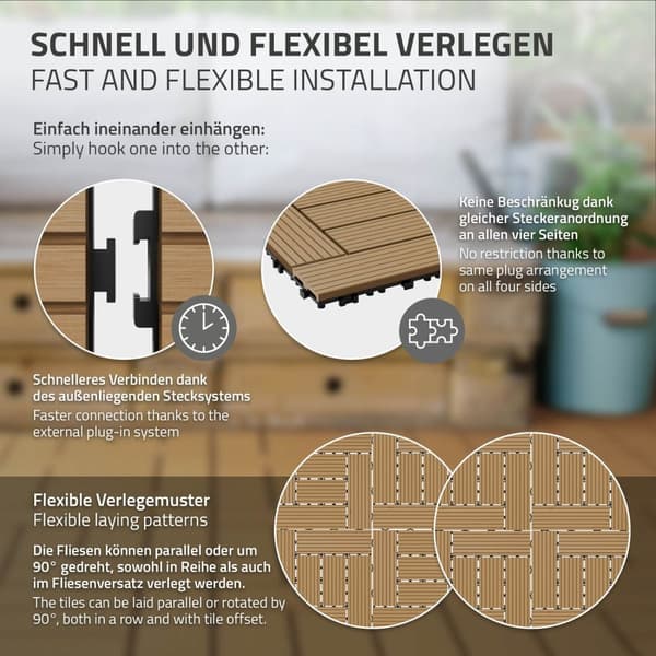 ECD Germany WPC terrassefliser 30 x 30 cm 55er besparelsessæt til 5m² teakmosaik træ look til havebalkongulve med dræning kliksystem terrassebord