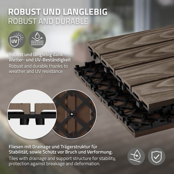 ECD Germany WPC terassilaatat 30x30 cm/11 kpl=1m², tummanruskea puun näköinen, lattianpäällyste klikkausjärjestelmällä ja salaojituksella, terassin