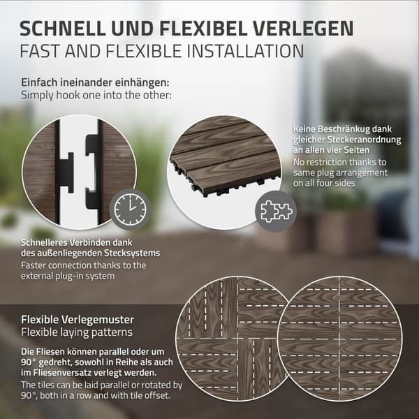 ECD Germany WPC terassilaatat 30x30 cm/11 kpl=1m², tummanruskea puun näköinen, lattianpäällyste klikkausjärjestelmällä ja salaojituksella, terassin