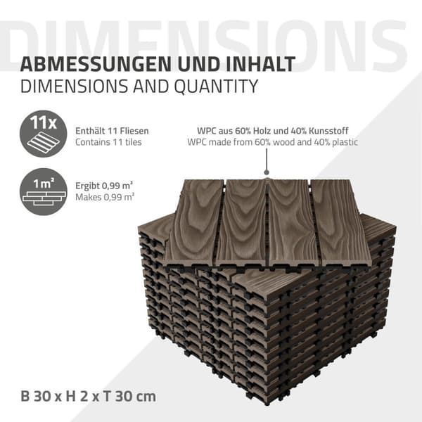 ECD Germany WPC terassilaatat 30x30 cm/11 kpl=1m², tummanruskea puun näköinen, lattianpäällyste klikkausjärjestelmällä ja salaojituksella, terassin