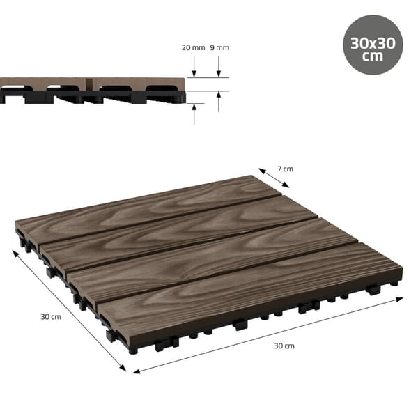ECD Germany WPC terassilaatat 30x30 cm/11 kpl=1m², tummanruskea puun näköinen, lattianpäällyste klikkausjärjestelmällä ja salaojituksella, terassin