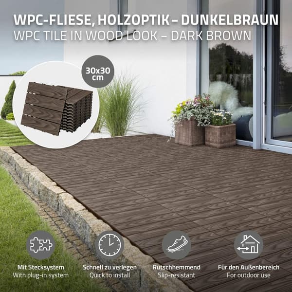 ECD Germany WPC terassilaatat 30x30 cm/11 kpl=1m², tummanruskea puun näköinen, lattianpäällyste klikkausjärjestelmällä ja salaojituksella, terassin