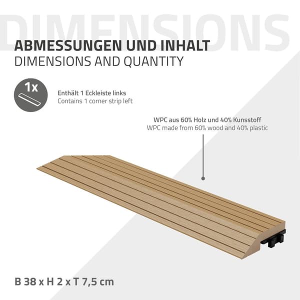 ML-Design WPC-reunakaistale kulma vasen teak terassilaatoille, 38x2x7,5 cm, puun näköinen, aaltopahvin muotoinen kulmakaistale salaojituksella ja