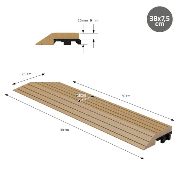 ML-Design WPC-reunakaistale kulma vasen teak terassilaatoille, 38x2x7,5 cm, puun näköinen, aaltopahvin muotoinen kulmakaistale salaojituksella ja