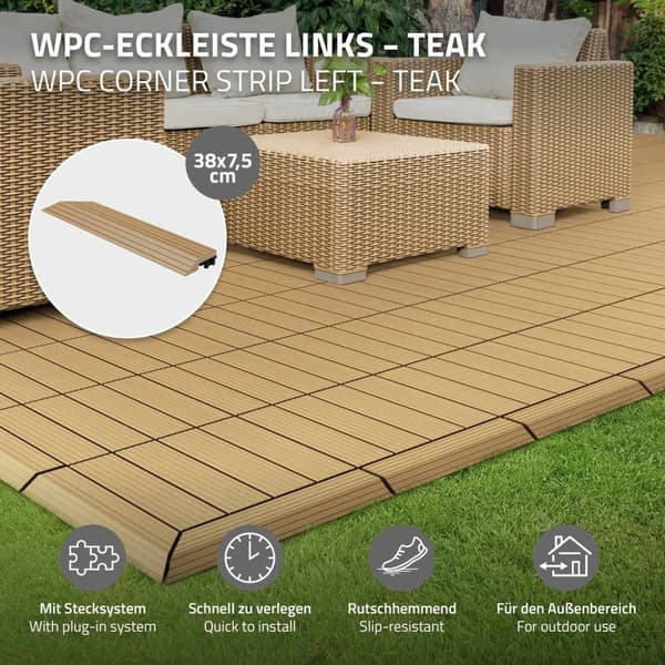 ML-Design WPC-reunakaistale kulma vasen teak terassilaatoille, 38x2x7,5 cm, puun näköinen, aaltopahvin muotoinen kulmakaistale salaojituksella ja