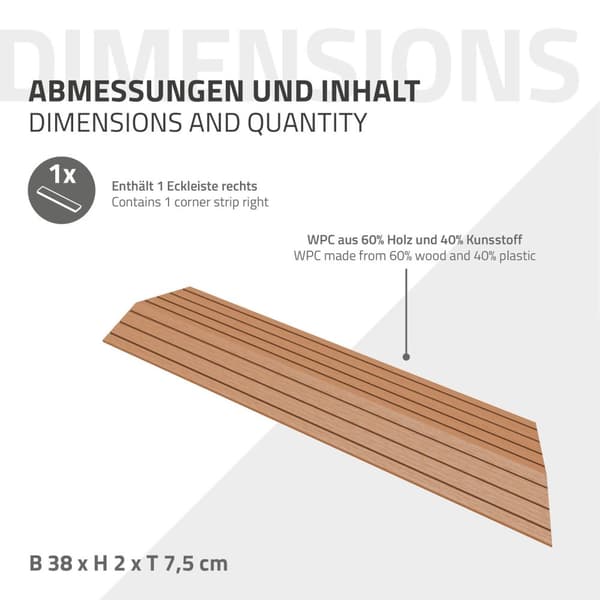 ML-Design WPC reunanauha kulma oikealle vaaleanruskea terassilaatoille, 38x2x7,5 cm, puun näköinen, aaltopahvin muotoinen kulmanauha salaojituksella