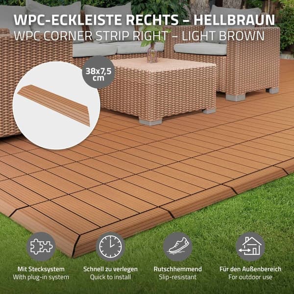 ML-Design WPC reunanauha kulma oikealle vaaleanruskea terassilaatoille, 38x2x7,5 cm, puun näköinen, aaltopahvin muotoinen kulmanauha salaojituksella