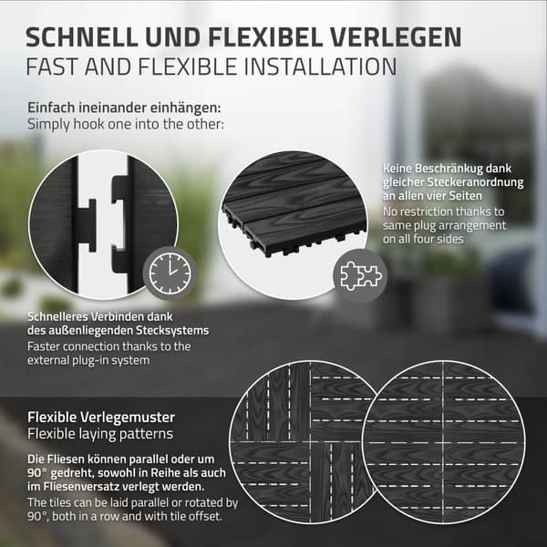 ECD Germany WPC terrassplattor 30x30 cm/22 bitar=2m² antracit, träutseende, golvbeläggning med klicksystem och dränering, terrass trall