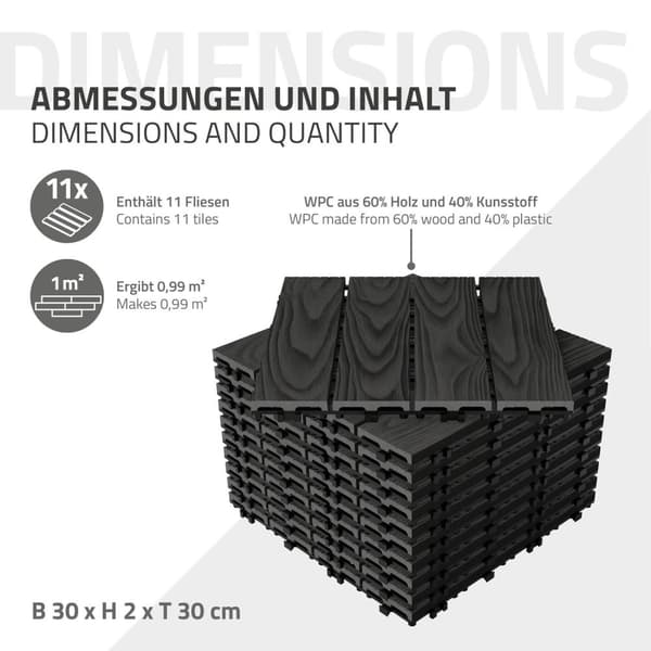 ECD Germany WPC terrassplattor 30x30 cm/22 bitar=2m² antracit, träutseende, golvbeläggning med klicksystem och dränering, terrass trall