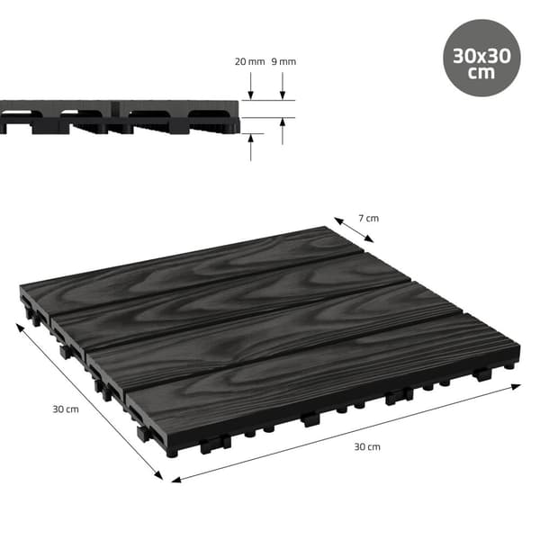 ECD Germany WPC terrassplattor 30x30 cm/22 bitar=2m² antracit, träutseende, golvbeläggning med klicksystem och dränering, terrass trall