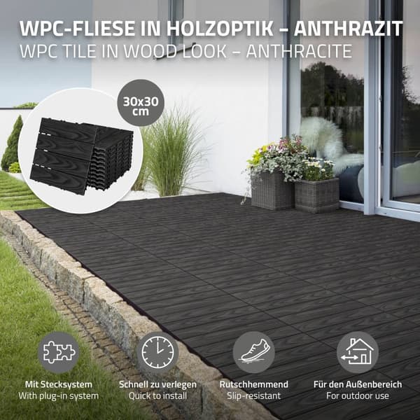 ECD Germany WPC terrassplattor 30x30 cm/22 bitar=2m² antracit, träutseende, golvbeläggning med klicksystem och dränering, terrass trall
