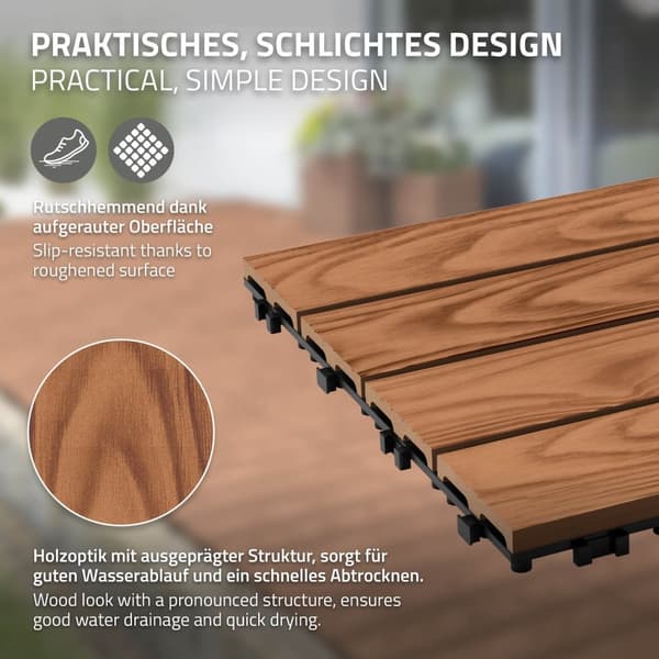 ECD Germany WPC terrassplattor 30x30 cm/44 bitar=4m², ljusbrun, träutseende, golv med klicksystem & dränering, terrass trall balkongplattor