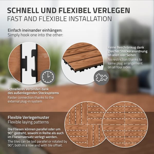 ECD Germany WPC terrassplattor 30x30 cm/44 bitar=4m², ljusbrun, träutseende, golv med klicksystem & dränering, terrass trall balkongplattor