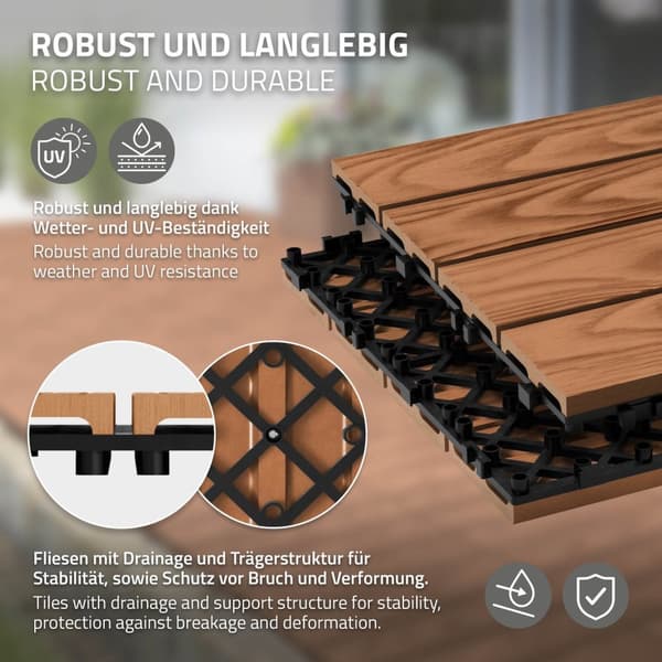 ECD Germany WPC terrassplattor 30x30 cm/11 delar=1m² ljusbrun, träutseende, golvbeläggning med klicksystem & dränering, terrass altan