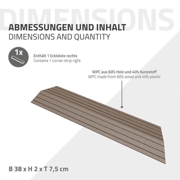 ML-Design WPC reunanauha kulma oikealle tummanruskea terassilaatoille, 38x2x7,5 cm, puun näköinen, aaltopahvin muotoinen kulmanauha salaojituksella