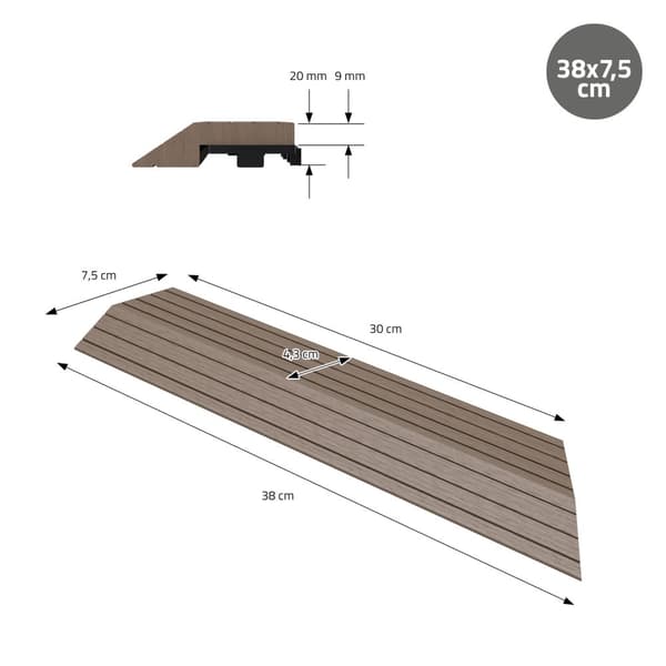 ML-Design WPC reunanauha kulma oikealle tummanruskea terassilaatoille, 38x2x7,5 cm, puun näköinen, aaltopahvin muotoinen kulmanauha salaojituksella