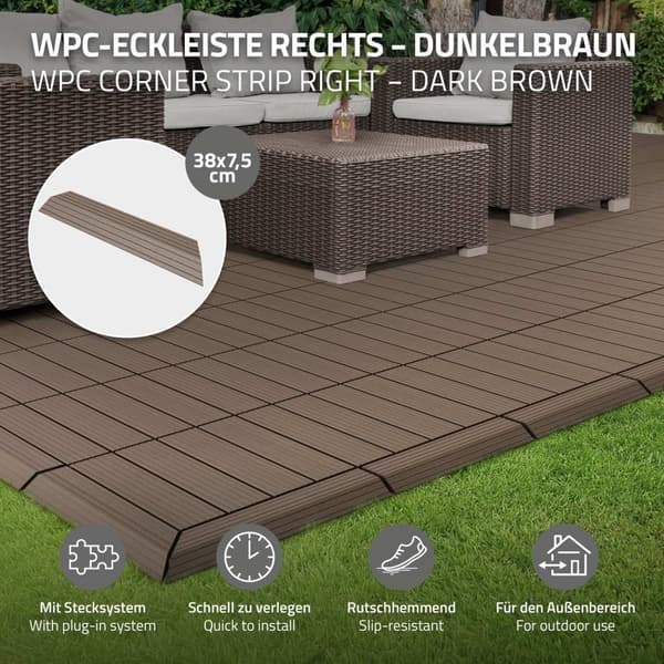 ML-Design WPC reunanauha kulma oikealle tummanruskea terassilaatoille, 38x2x7,5 cm, puun näköinen, aaltopahvin muotoinen kulmanauha salaojituksella