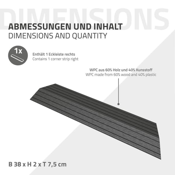 ML-Design WPC-reunakaista kulma oikealle antrasiitti terassilaatoille, 38x2x7,5 cm, puun näköinen, aaltopahvin muotoinen kulmakaista salaojituksella