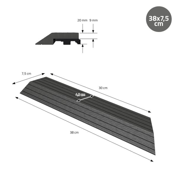 ML-Design WPC-reunakaista kulma oikealle antrasiitti terassilaatoille, 38x2x7,5 cm, puun näköinen, aaltopahvin muotoinen kulmakaista salaojituksella