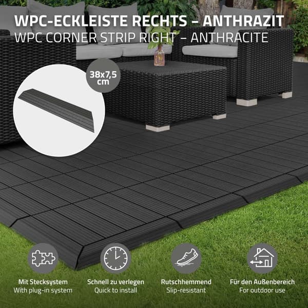 ML-Design WPC-reunakaista kulma oikealle antrasiitti terassilaatoille, 38x2x7,5 cm, puun näköinen, aaltopahvin muotoinen kulmakaista salaojituksella