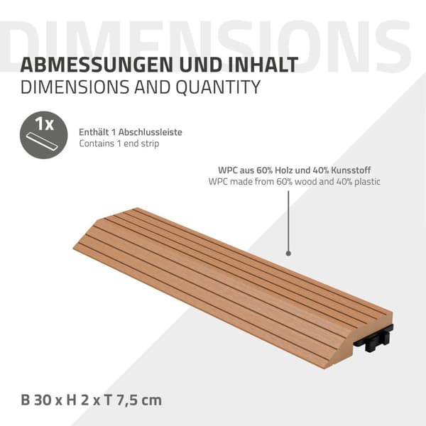 ML-Design WPC kantlist rak ljusbrun för uteplatsplattor, 30x2x7,5 cm, träutseende, WPC kakelkant ribbad med klicksystem & dränering,